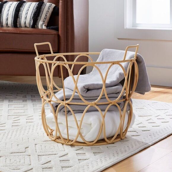Large‎ Natural Poly Rattan Open Weave Round Basket Home Decor Laundry Pillows - Picture 4 of 10